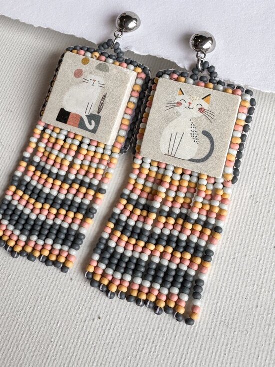 Handmade Ceramic Cat Fringe Earrings Beaded Statement Dangles - Picture 9 of 10